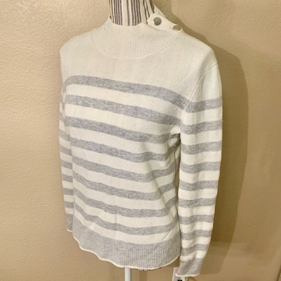 Magaschoni Sweater Small White Grey Stripes Gold Buttons Collar Wool Cashmere - Picture 5 of 14